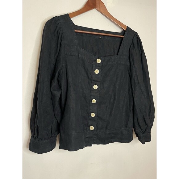 J Crew Square Neck Button Up Linen Top Womens Medium Black Puff Sleeve Blouse - Picture 2 of 6